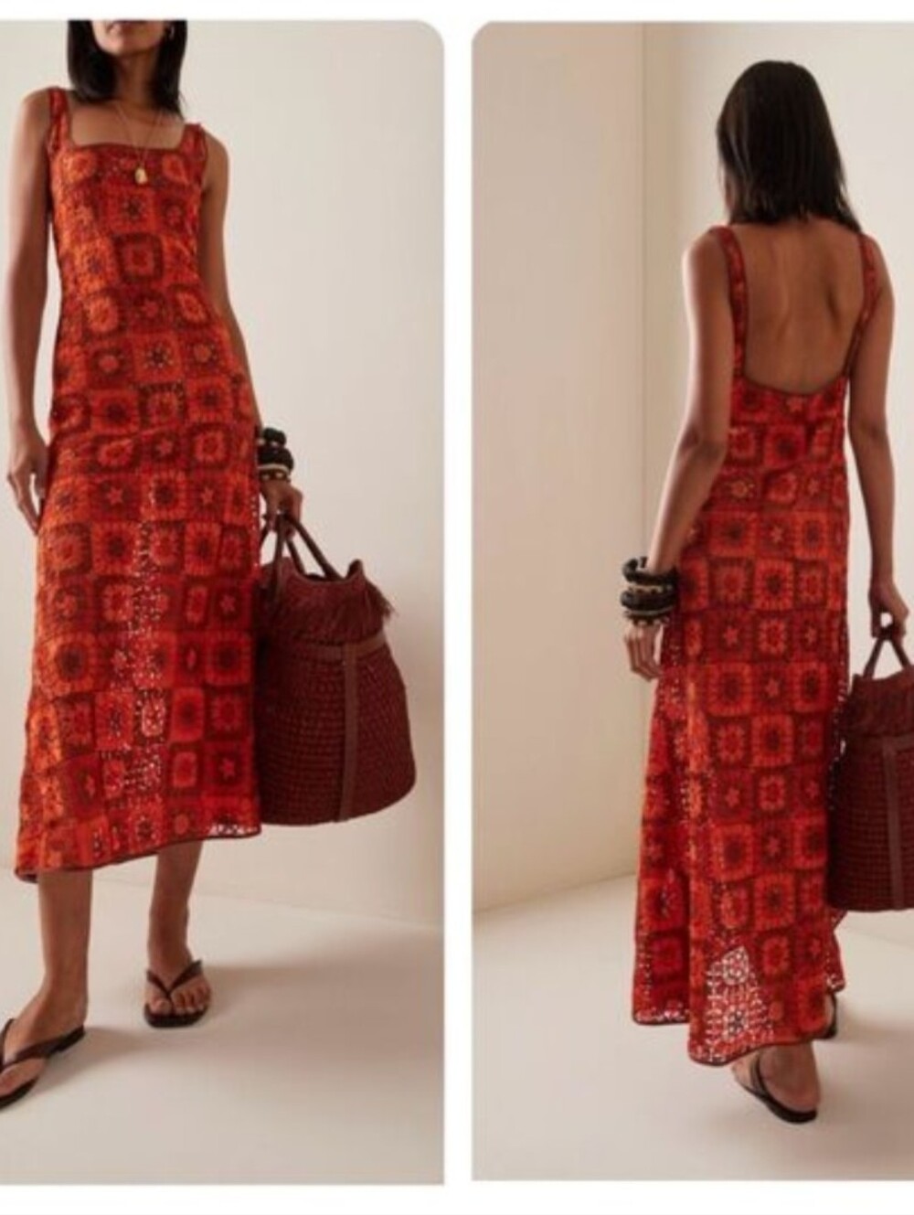 NWT Johanna Ortiz Birdsong Crocheted Square Neck Ankle Dress Orange Brown Size 4